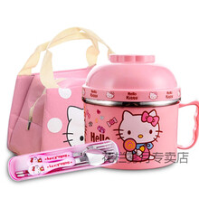 不绣钢小学生食堂简约超萌饭盒女生儿童可爱带盖小巧防烫便携 kitty猫经典套装 小袋+勺筷叉