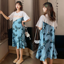 欣柏纶 孕妇装夏装2020新款孕妇连衣裙潮妈时尚短袖鱼尾裙子中长款外出夏装 蓝色 M