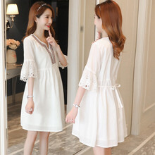 孕妇裙夏时尚孕妈装夏天外出孕妇装夏装中长款孕妇连衣裙宽松舒适春秋款孕妇裙子套装 白色裙 XL