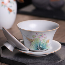 梅兰竹菊汝窑柿子三才盖碗茶茶杯单个套装可养开片手抓壶陶瓷家用中式复古 汝窑荷花三才盖碗月白色