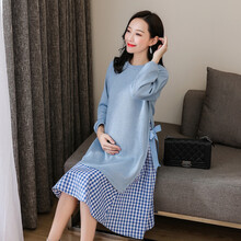 孕妇装春装2020春季新款宽松韩版中长款孕妇连衣裙时尚百搭上衣外穿百褶裙潮妈夏季夏装针织孕妇裙子 蓝色 M