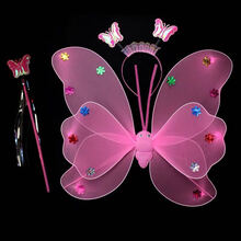 蝴蝶翅膀儿童仙女裙发光玩具天使魔法棒套装女童装扮翅膀夜市玩具 双层粉色 蝴蝶