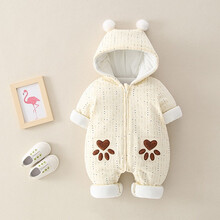 水花童 女婴儿衣服秋冬装连体衣家居服0岁3-12个月男宝宝6冬季洋气网红哈衣卡通爬服睡衣新生儿衣服潮 双冒尖加绒加厚爬服米白色 73码/4-8个月(6-8kg)