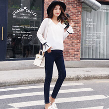 米度丽 孕妇裤春秋款牛仔裤秋装托腹打底裤子秋季2021新款潮妈外穿春装 平口款-黑色 M码