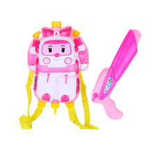 变形警车珀利poli玩具儿童背包水枪玩具 夏天户外沙滩戏水抽拉式双肩背水壶高压喷射水枪 粉红色-安巴背包水枪