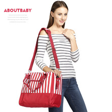 妈咪包 条纹多功能大容量单肩斜挎母婴包妈咪包 背奶包奶瓶包背奶包待产包 大红色