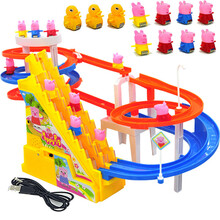 儿童玩具小猪爬楼梯玩具车电动轨道车男孩女孩玩具滑梯带灯光音乐 双梯灯光音乐(8小猪+5火车＋3小鸭) USB和电池双供电方式