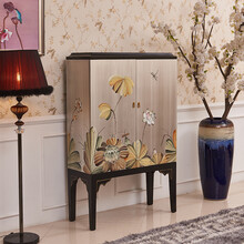品涵艺术家具 新古典中式实木沙发旁高柜餐边柜酒柜厨房柜子储物带门收纳餐柜沙发角柜银箔彩绘荷花装饰柜 出水芙蓉银箔黑