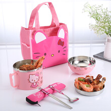 乔之宇 饭盒 便当盒 不锈钢可爱卡通小学生儿童隔热2双层带盖快餐杯饭缸男女 KT+餐具+手提袋