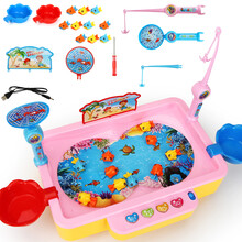 儿童电动磁性钓鱼玩具套装亲子互动游戏宝宝小孩男女1-2-3岁礼物 益智戏水玩具玩具礼物玩具礼物 诗歌故事多功能捕鱼台(可加水)粉