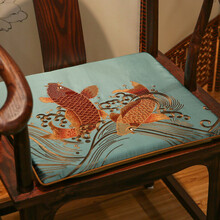 罗曼时光 中式椅垫 红木家具实木坐垫太师椅餐椅圈椅垫防滑薄款坐垫定做椅垫坐垫 锦鲤椅垫-深湖蓝 支持定做