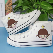 高帮儿童帆布鞋男女系带夏季韩版球鞋学生平底百搭涂鸦鞋子运动鞋小白鞋幼儿园宝宝鞋 中帮白卡通女孩 34