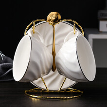 一淘一陶欧式陶瓷咖啡杯套装简约小奢华咖啡杯套具英式下午茶红茶具网红INS北欧创意简约家用咖啡杯碟 JD-银边罗纹两杯碟金勺配金架