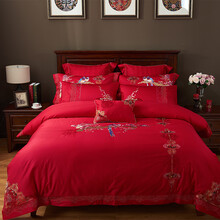 LEELAND礼澜家纺 大红婚庆高精密刺绣60支全棉床上用品四件套多件套结婚床品套件 喜鹊登门 六件套 1.5-1.8米床/200*230cm