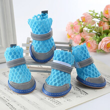 反光狗狗鞋子泰迪一套4只博美比熊小型犬宠物透气凉鞋狗脚套 天蓝色 1号(建议1-3斤)