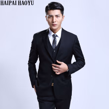 HAIPAIHAOYU西服套装男修身商务正装纯色职业西装黑色两粒扣套西 黑色二扣 175西服32西裤