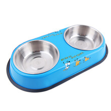 小壹 宠物不锈钢猫狗碗双食盆 泰迪贵宾中小型狗食盆猫饭盆水盆不锈钢双碗 蓝色 小号