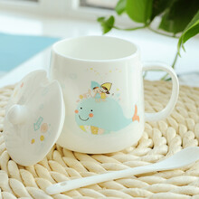 后海 杯子陶瓷情侣马克杯骨瓷杯带盖勺欧式办公室咖啡杯可爱儿童喝水杯 点赞杯-蓝鲸/380ML