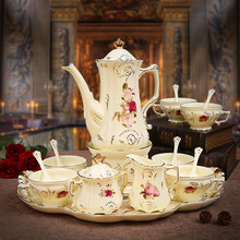 美瓷工坊 欧式宫廷咖啡具套装 经典款陶瓷茶具英式下午茶 咖啡杯碟勺托盘 家用水具杯具送礼品85105 浮雕款：大壶+糖罐+奶壶+6杯勺+加热炉+造型托盘