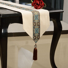 大凡布艺 桌旗中式纯手工餐桌茶几电视柜布艺 美式桌旗布 欧式长方形餐桌布 可定制 灯芯绒刺绣兰金线 卡其色 33cm*280cm