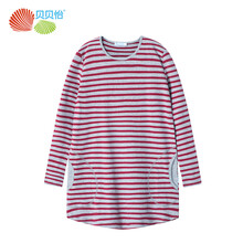 贝贝怡孕妇中长款上衣长袖T恤宽松条纹秋装孕妈打底衫 红灰 L