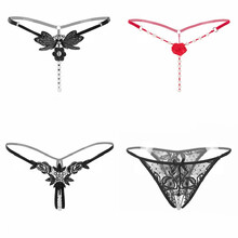 井本 4条情趣内衣 女士性感内裤丁字裤女士刺绣珍珠按摩内裤透明低腰T裤 A款黑+B款红+C款黑+D款黑 均码