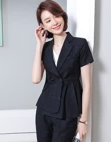 特洛曼短袖格子西装套装女高端荷叶边显瘦韩版工装2020年夏季职业女装气质时尚套裙商务正装工作服JE6003