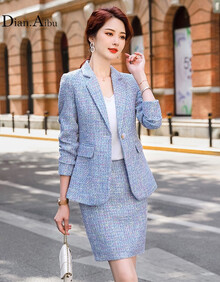 Dian.Aibu品牌职业装套装女2020秋气质西装时尚格子西服名媛小香风工作服 蓝色 M （参考体重91-100）