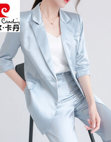 皮尔卡丹轻奢高档女装 真丝西服套装女减龄夏天2021新款缎面三醋酸西装七分袖职业两件套 浅蓝色 微喇长裤+西服 L