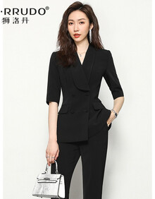 狮洛丹 2021夏季新品时尚高端职业五分袖小西服套装女收腰女神范正装两件套 黑色西装+黑色西裤 S