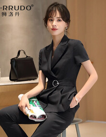 狮洛丹 韩版时尚品牌职业西装套装女2021夏季新品干练女神范短袖小西服 西装+西裤（藏青色） M
