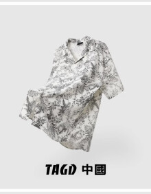 TAGD中國 复古植物满印短袖衬衫夏季新款男女小众设计感宽松休闲衬衣 灰色 XL
