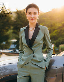 法曼努高端小西装女高端职业女套装2021春新款气质拼接领韩版修身白领工作服OL通勤装 长袖套裤CP1145 L