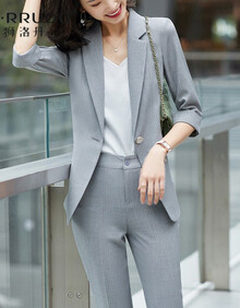 狮洛丹 职业正装西装套装女2021夏季新品休闲时尚轻奢通勤洋气小西服套装 灰西装+灰西裤 M