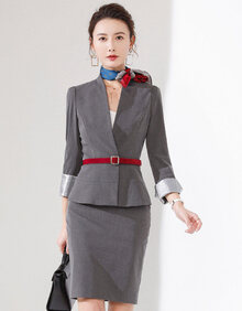 艾尚臣职业装女套装空乘艺考服装时尚珠宝店面试工作服正装 灰色西装+半裙 M