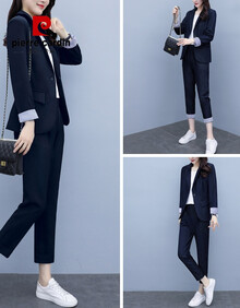 皮尔卡丹女装【品牌上新】西装套装女2021商务休闲春秋新款洋气休闲时尚气质女士职业西服两件套 藏青色【西装两件套】 M