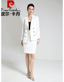 ℘皮尔卡丹品牌女装ℑ奢华品质西装白色正装女套装时尚修身西服通勤商务优雅职业装气质女神范新款时尚女装 西装+群子 M