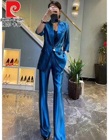 皮尔卡丹2021年夏季新款真丝醋酸面料西装套装女阔腿裤气质职业两件装高端 亲肤针织 蓝色 现货 S