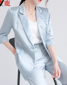 雅鹿品牌高档女装 真丝西服套装女减龄夏天2021新款缎面三醋酸西装七分袖职业两件装 浅蓝色 微喇长裤+西服 XS
