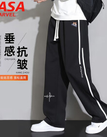 NASA MARVEL休闲裤男夏季宽松美式潮流侧边条纹运动裤子 黑色 XL