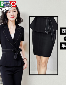 卡帝乐鳄鱼轻奢品牌 黑色高端职业装时尚气质套装薄款工作服女经理商务西装正装ol夏季 西装+半裙(短袖黑色) S