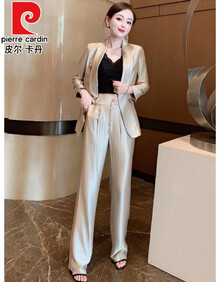 皮尔卡丹欧货2021夏季新款气质七分袖真丝醋酸缎面西装套装高端职业两件装 亲肤针织 银灰色 S