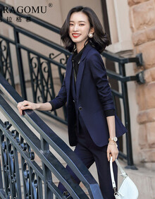 劳拉格慕 职业装女套装2021新款韩版修身气质西服办公面试正装 紫色(西装+西裤) L