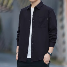 AEMAPE男士100%纯棉长袖衬衫新款纯色休闲衬衣中青年韩版工装外套 黑色 L