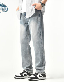 顶峰保罗（Dingfengbaoluo）美式牛仔裤春夏季宽松透气直筒喇叭休闲长裤子DK33002牛仔蓝L