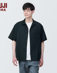 无印良品 MUJI 男式 麻混 短袖衬衫 男士衬衣外套 AC1W2A4S 黑色 L 175/100A