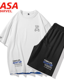 NASA MARVEL短袖T恤男夏季跑步运动套装休闲男士圆领潮流男装 白色 XL