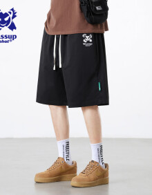Wassup Sohot短裤男夏季新款潮牌宽松五分裤男生运动篮球裤子 黑色 XL 