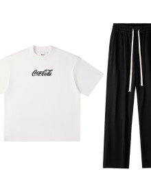 可口可乐（Coca-Cola）休闲运动套装男夏季美式短袖T恤直筒裤两件套 白色+黑色 L 
