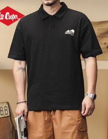 Lee Cooper短袖polo衫男士夏季宽松大码美式潮牌2024新款男款翻领体恤上衣男 黑色 XL码